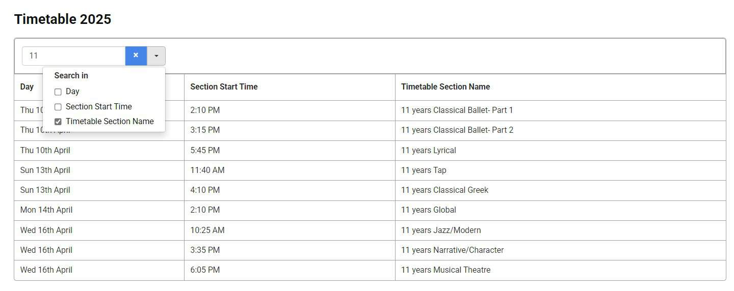 search in timetable